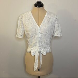 Abercrombie & Fitch White Eyelet Button Down Tie-Front Flutter Sleeve Top, S